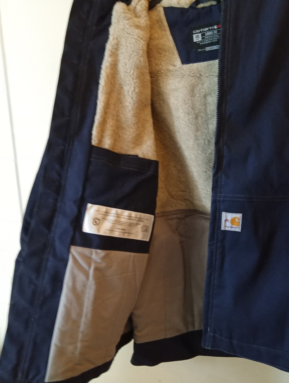Carhartt Navy Blue Jacket with Gray Sherpa Lining Flame Resistant Full Swing XXL - Picture 13 of 16